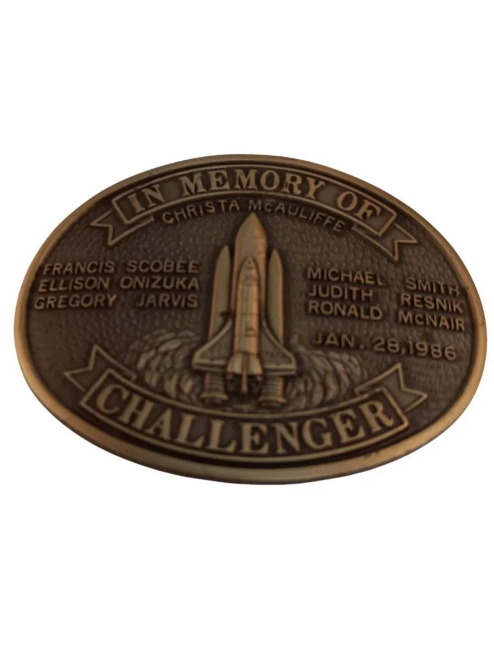 Vintage NASA Challenger Space Shuttle Memorial Belt Buckle Brass/Bronze 1986